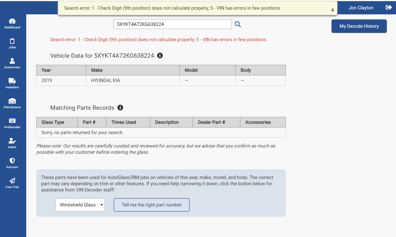 VIN Decoder Error Check